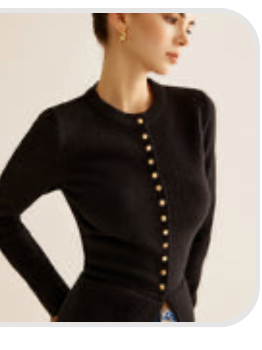 Commense Black Crewneck Cardigan with Gold Buttons
